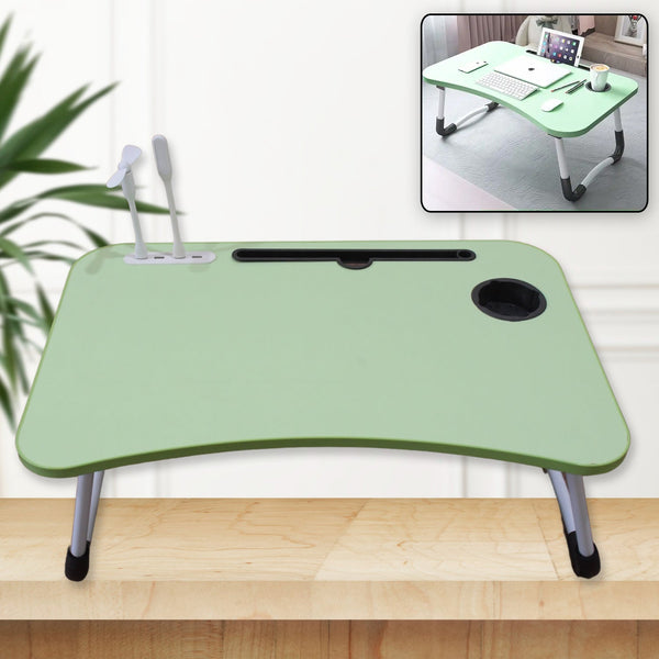 Foldable Study Table Lap Desk | Portable Bed Laptop Stand with USB Fan, Light & Cup Holder (1 Pc, Mix Color)