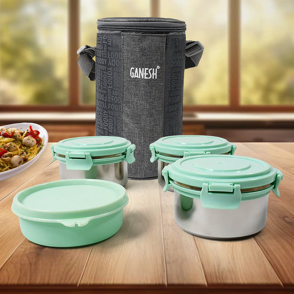 Ganesh 4 In 1 Tiffin Box-Lunch Box | 3 Stainless Steel Containers 300 Ml Approx & Plastic Salad Container 200 Ml Approx