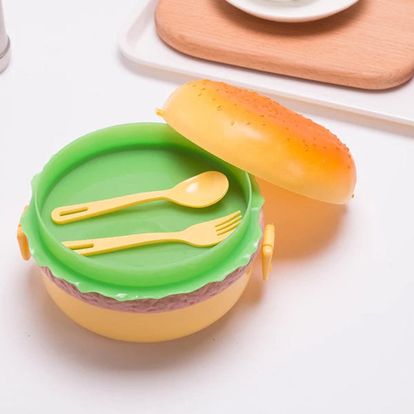 Burger Shape Lunch Box  Double Layer 1000ml Food Container with 2 Spoons for Kids