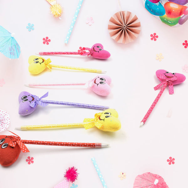 Cute Cartoon Shape & Heart Design Facy Writting Pen Attached Rattle (12 Pcs Set Mix Design & Color)