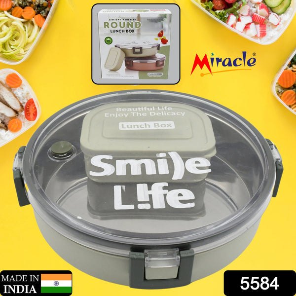 Miracle Stainless Steel Round Lunch Box, with Small Plastic Box (450 ML + 250 ML Approx)