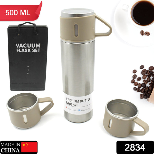Stainless Steel Vacuum Flask Set with 3 Steel Cups Combo (500ml)