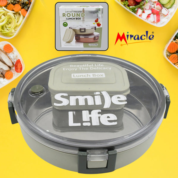Miracle Stainless Steel Round Lunch Box, with Small Plastic Box (450 ML + 250 ML Approx)