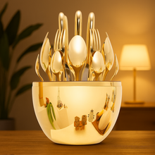 Premium Cutlery Set 24 Pcs with Oval Shaped Stand  (Golden / 24 pcs set)