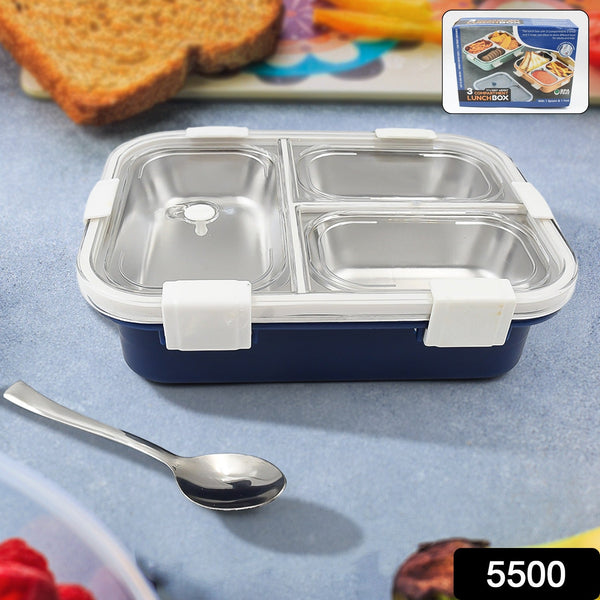 3 Compartment Transparent Stainless Steel Lunch Box for Kids (Multi Color)