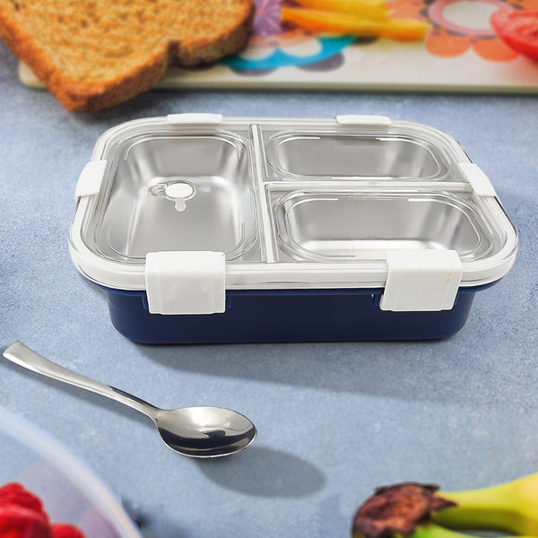 3 Compartment Transparent Stainless Steel Lunch Box for Kids (Multi Color)
