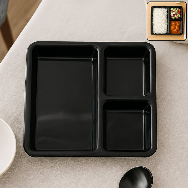 Plastic 3-Compartment Meal Serving Tray Rectangular Dining Plate (1 Pc / Black)