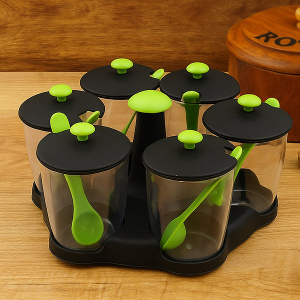 Multipurpose 6 Piece Miracle Revolving Plastic Spice Container Rack With 6 Spoon, Condiment Set