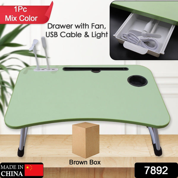Foldable Study Table Lap Desk | Portable Bed Laptop Stand with USB Fan, Light & Cup Holder (1 Pc, Mix Color)