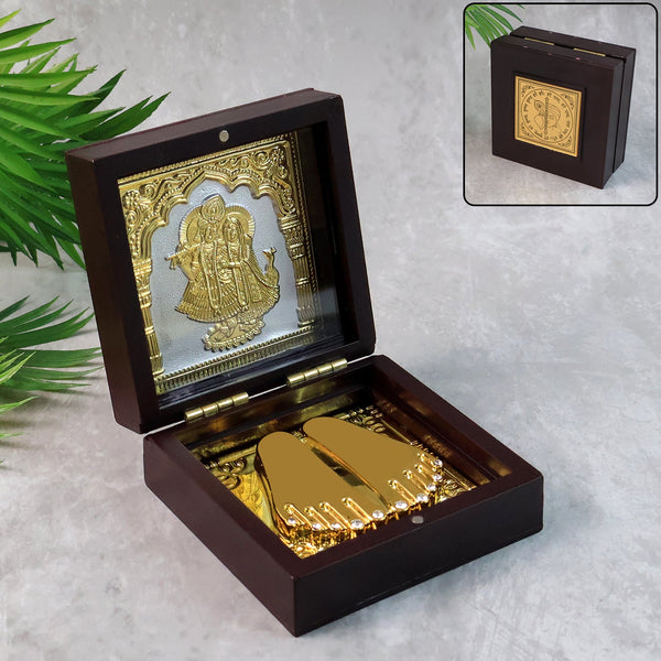 Golden Charan Paduka in Wooden Box Spiritual Gift & Pooja Accessory