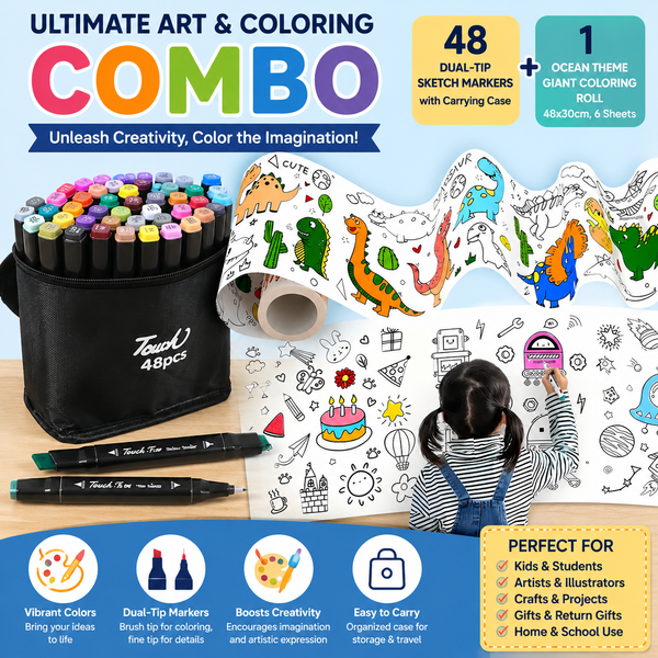 Giant Coloring Roll + 48-Piece Dual-Tip Sketch Markers Set Combo