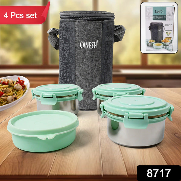 Ganesh 4 In 1 Tiffin Box-Lunch Box | 3 Stainless Steel Containers 300 Ml Approx & Plastic Salad Container 200 Ml Approx