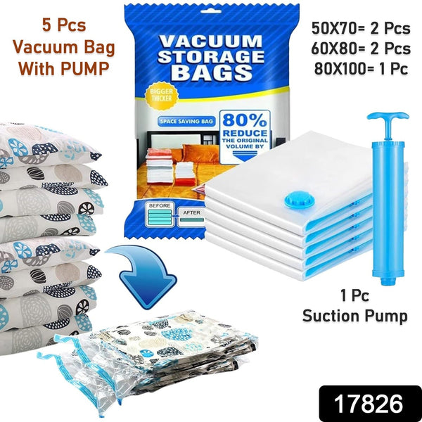 Vacuum Storage Bags with Suction Pump & Shirt clips (5 Pcs Set)