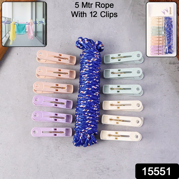 Clothesline Rope 12 Clips  5 Meter Approx Heavy Duty Laundry Drying Rope with Clip
